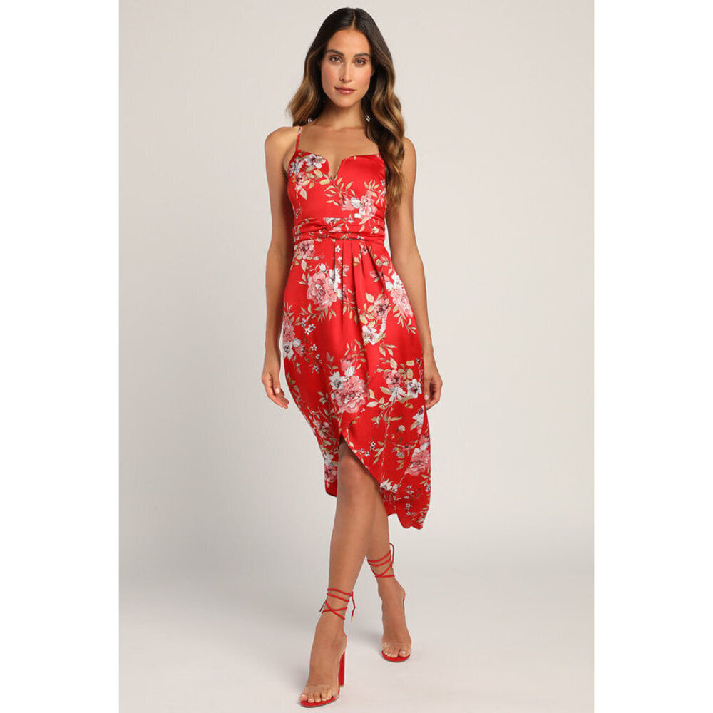 Lulus My Favorite Day Red Floral Print Tulip Skirt Midi Dress - Size M